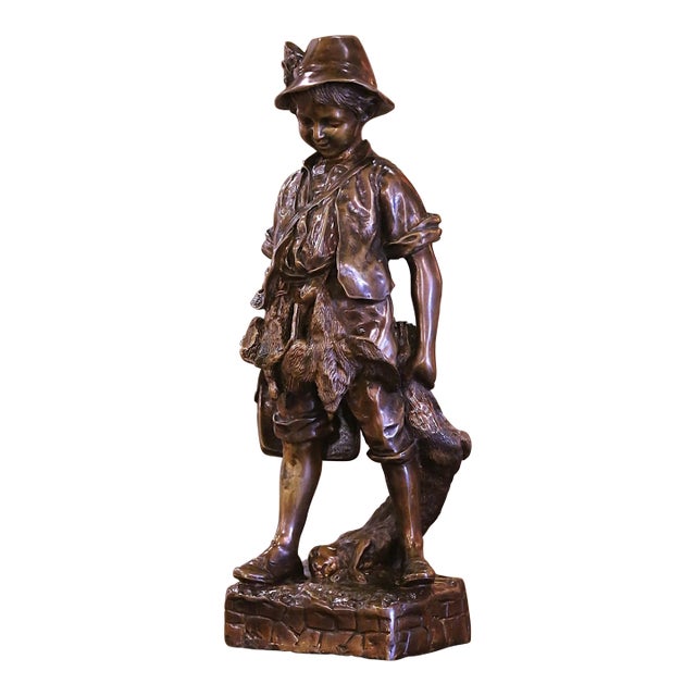 Mid 20th Century Mid-Century French Bronze Hunter Sculpture Composition With Bird and Rabbit For Sale