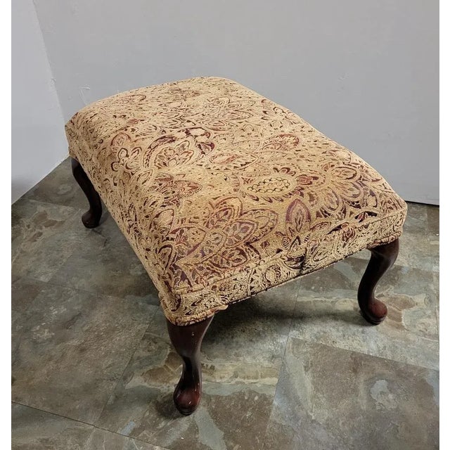 Vintage American Upholstered Queen Anne Wingback Chair, Footstool, and Pillow For Sale - Image 10 of 12