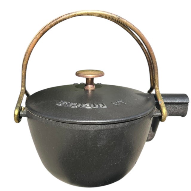 Rustic European Vintage Staub "La Théiére" French Cast Iron Teapot With Brass Handles For Sale - Image 3 of 10