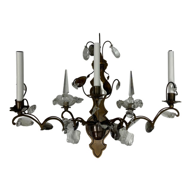 Hollywood Regency Crystal Prism Five Light Wall Sconce, Vintage For Sale