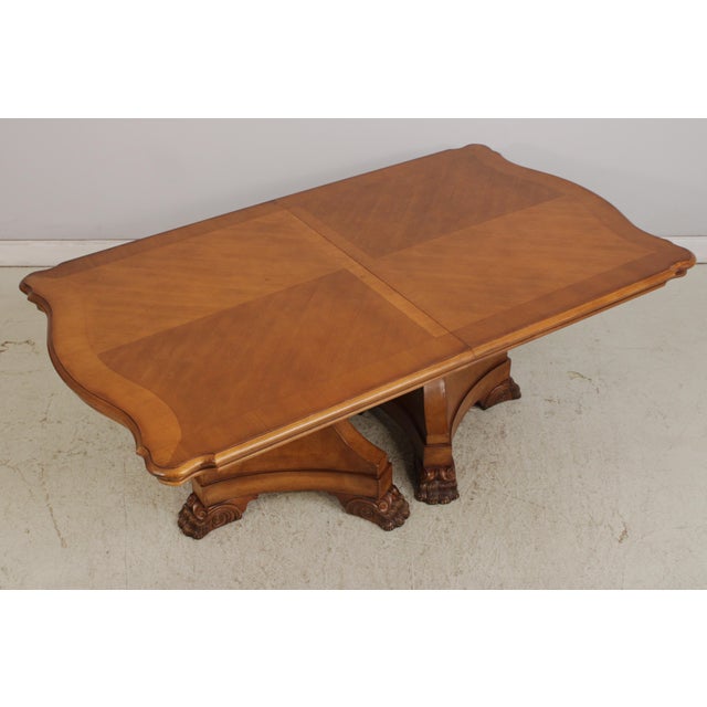 Traditional Satinwood Finish Pedestal Dining Room Table W. Paw Feet For Sale - Image 3 of 18