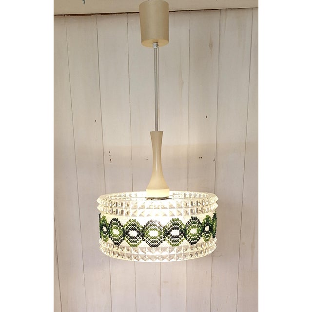 Cream Vintage Ceiling Lamp with Round Clear Plastic Shade and Green Fabric Trim from ME, 1970s For Sale - Image 8 of 8