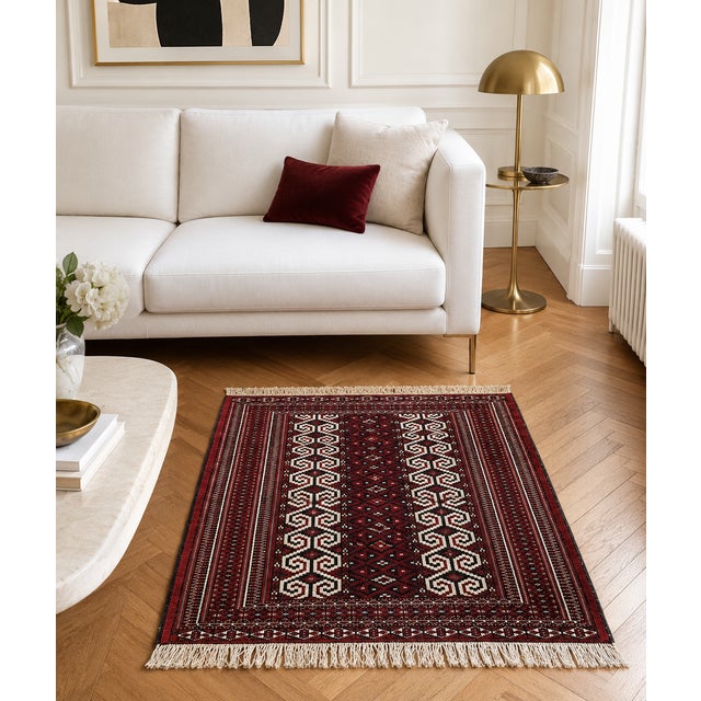 1990s Handwoven Red and Burgundy Geometric Rug with Ivory Fringes, 1990s For Sale - Image 5 of 7
