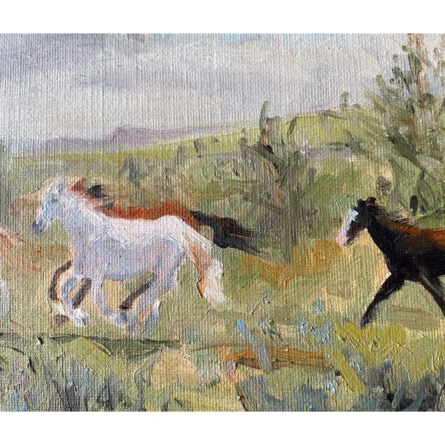 This is an original oil painting of a scene of galloping horses that are rounded up from BLM land in the Spring in...