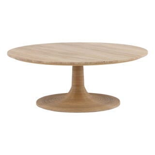 Modern Round Travertine & Cane Coffee Table For Sale