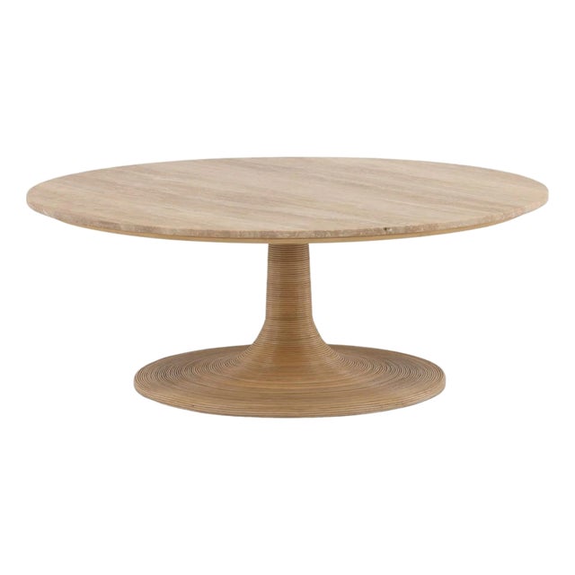Modern Round Travertine & Cane Coffee Table For Sale