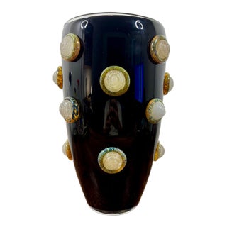 Vintage Monumental Murano Black Glass Vase With Applied Glass Rose Medallions For Sale