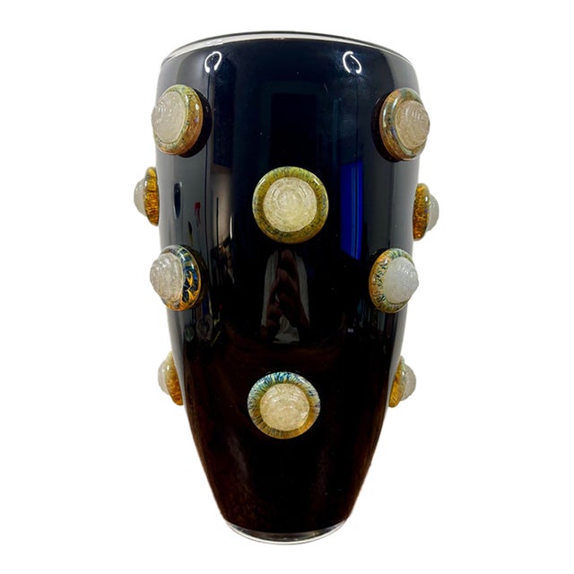 Vintage Monumental Murano Black Glass Vase With Applied Glass Rose Medallions For Sale