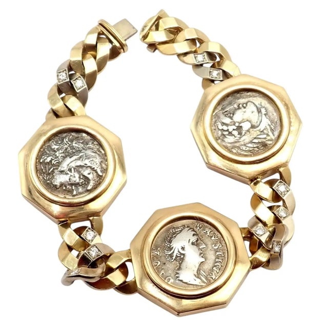 Metal Bulgari Vintage Monete Three Large Ancient Coin Diamond Gold Link Bracelet For Sale - Image 7 of 17