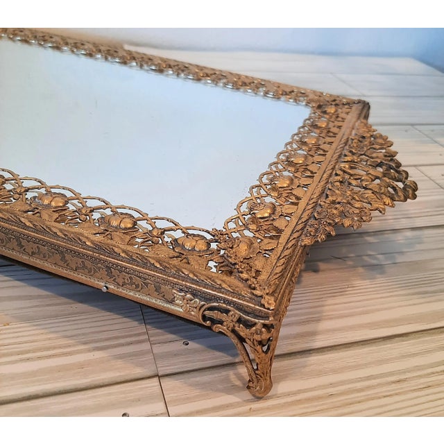 Brass Hollywood Regency Brass Floral Vanity Dresser Mirror For Sale - Image 8 of 11