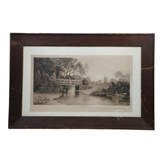 Antique Charles Frederick Mielatz Quiet Nook Riverscape Fishing Etching 36" For Sale