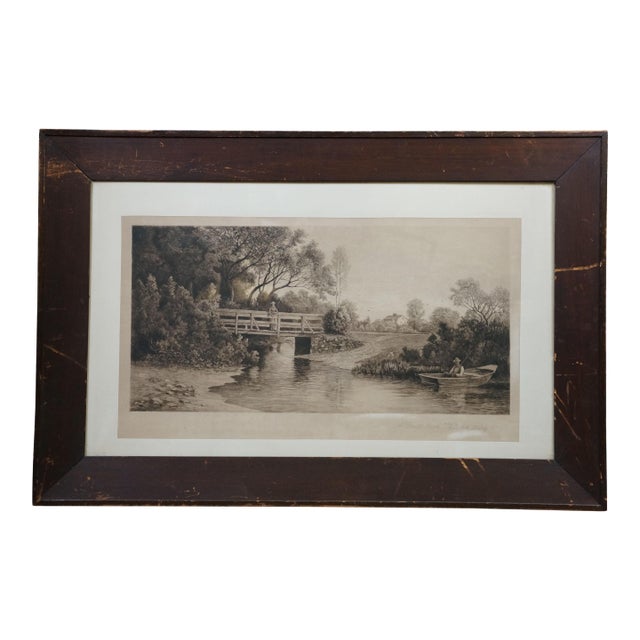 Antique Charles Frederick Mielatz Quiet Nook Riverscape Fishing Etching 36" For Sale