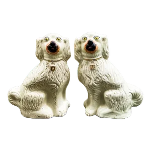Monumental Victorian Era English Staffordshire Pottery Spaniel Fireplace Mantel Dogs - Pair