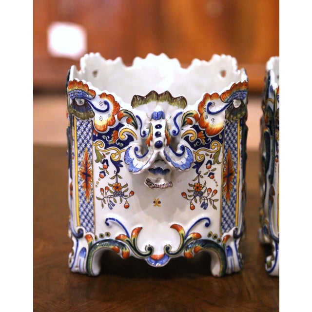 White Pair 19th Century French Rouen Faience Cachepots With Applied Masks For Sale - Image 8 of 10