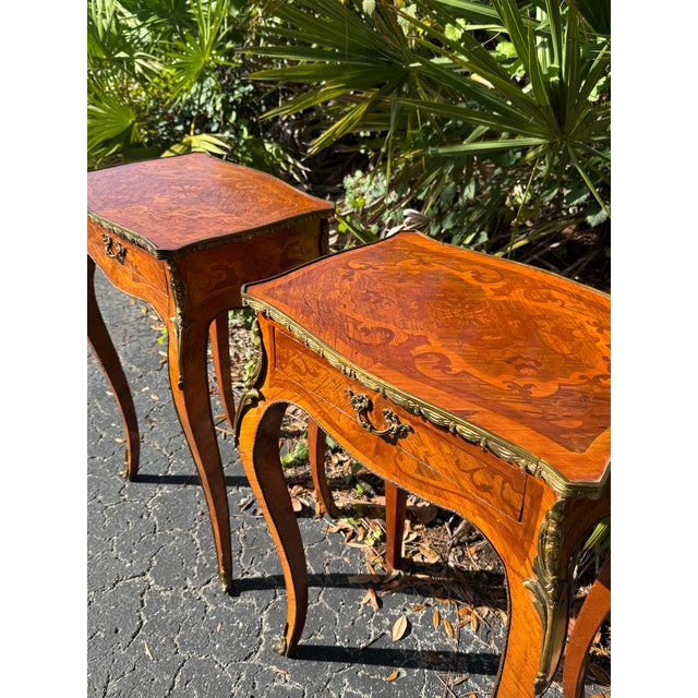 Pair of Antique French Louis XV-Style Nightstands | Marquetry Bedside Tables For Sale - Image 4 of 6