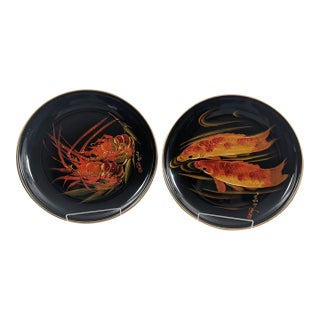 Pair of Vintage Oversized Japanese Black Lacquer-Style Decorative Wall Plates With Koi Fish & Lobsters For Sale