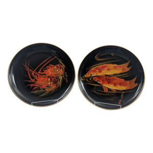 Pair of Vintage Oversized Japanese Black Lacquer-Style Decorative Wall Plates With Koi Fish & Lobsters