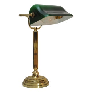 Brass Banker's Lamp with Adjustable Green Glazed Shade, 1950s For Sale