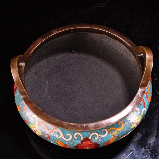 Blue 1980s Cloisonné Tripod Censer With Upright Ears - Blue Floral Enamel For Sale - Image 8 of 10