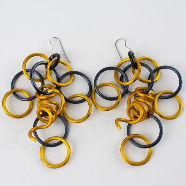 David Spada Space Age Gold and Black Aluminum Dangle Pierced Earrings For Sale - Image 4 of 8