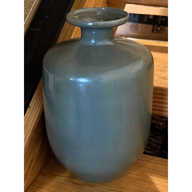 Vintage Large Mottled Moss & Chestnut Speckled Glazed Bottle Vase (14") For Sale - Image 10 of 18