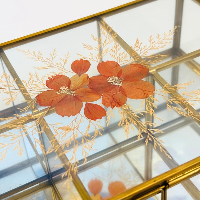 Boho Chic Vintage Brass and Glass Divided Box With Dried Flowers - Jewelry Box or Organizer For Sale - Image 3 of 12