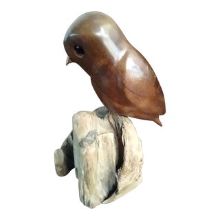 Mid 20th Century Mid-Century Modern Wood Carved Elf Owl Redwood John Bennett Signed 5 Inch Decoy For Sale