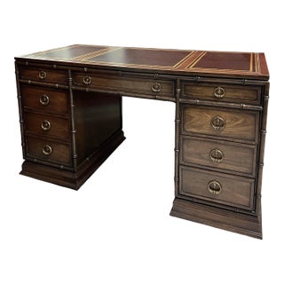Sligh Furniture Faux Bamboo Campaign Style Desk With Tooled Leather Top - Vintage Mid 20th Century For Sale
