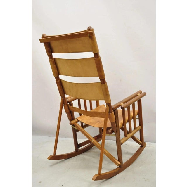 Mid 20th Century Costa Rican Campaign Style Teak Brown Leather Folding Rocker Rocking Chair For Sale - Image 12 of 12