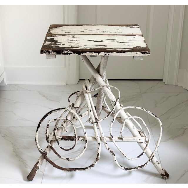 Cabin Early 20th Century Antique Folk Art Handcrafted Adirondack Style Twig Table With Decorative Scroll Base For Sale - Image 3 of 16