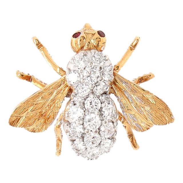 Vintage 18k Gold, Diamond, & Ruby Herbert Rosenthal Style Bee Brooch / Pin For Sale