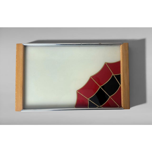 Refined French modernist tray from the 1950s, featuring an elegant opaline glass surface with a geometric reverse-painted...