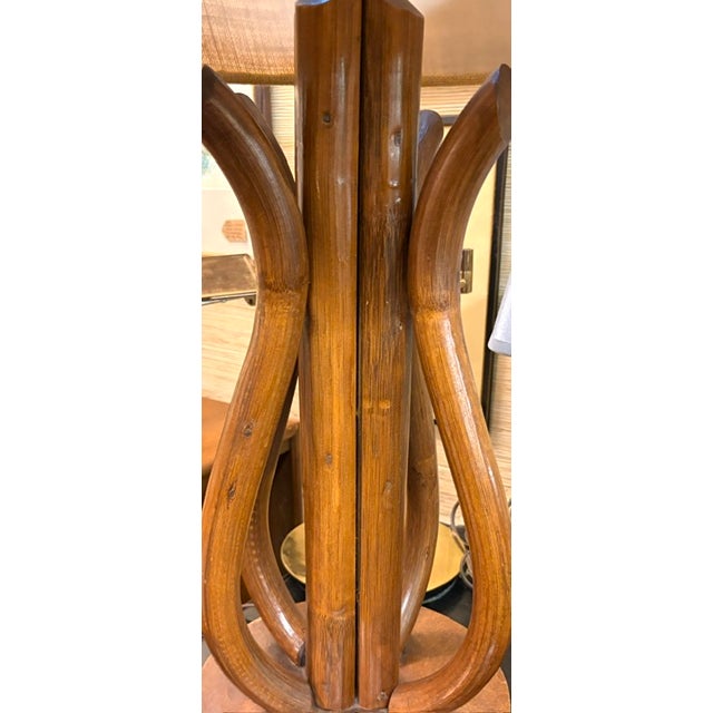 Mid Century Walnut Table Lamp With Original Burlap Linen Shade For Sale - Image 4 of 5