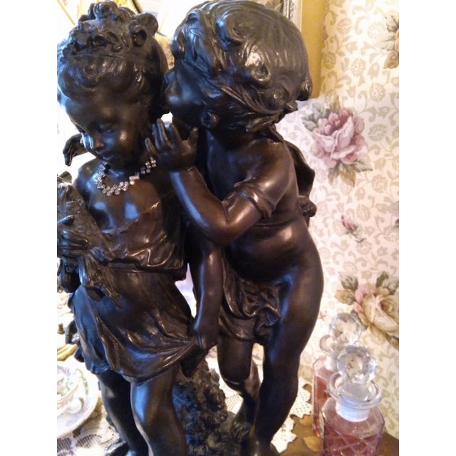 Victorian Antique Quality Patinated Solid Bronze Sculpture Statue Figures of Children the Secret Signed Auguste Moreau For Sale - Image 3 of 15