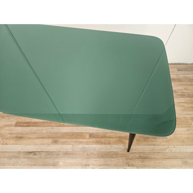 Metal Mid-Century Modern Mahogany Dining Table with Aquamarine Glass Top, 1950 For Sale - Image 7 of 17