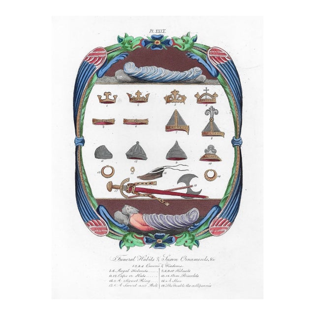 1842 Crowns & Diadems of Saxon Funeral Ornaments Hand Colored Engraving For Sale