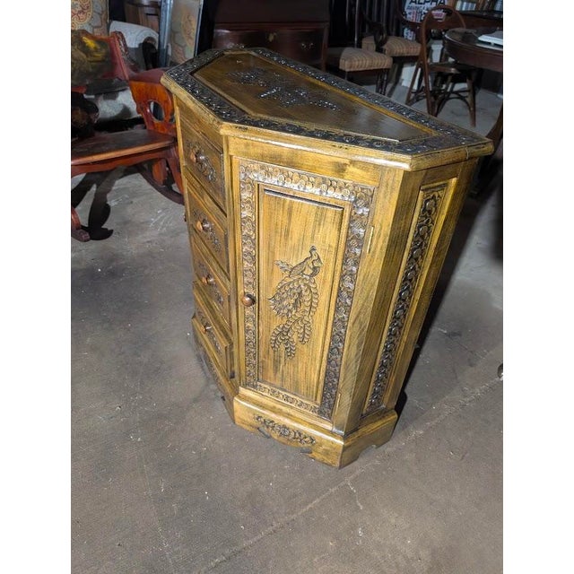 Mid 20th Century Mid 20th Century Hand-Carved Peacock Corner Cabinet – Boho Indian Style Storage Hutch For Sale - Image 5 of 11