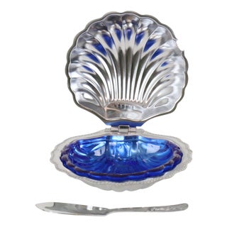 Vintage Blue Glass Queen Anne Scallop Shell Butter Dish, 1960s For Sale