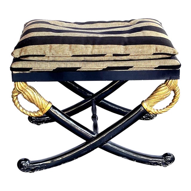 1960s Vintage Empire Style Ebonized Cross-Sword Stool With Gilt Highlights For Sale