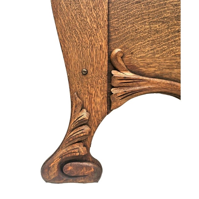 Antique American Tiger Oak Hall Tree With Carved Crest, Beveled Mirror & Storage Bench, C. 1900 For Sale - Image 9 of 18