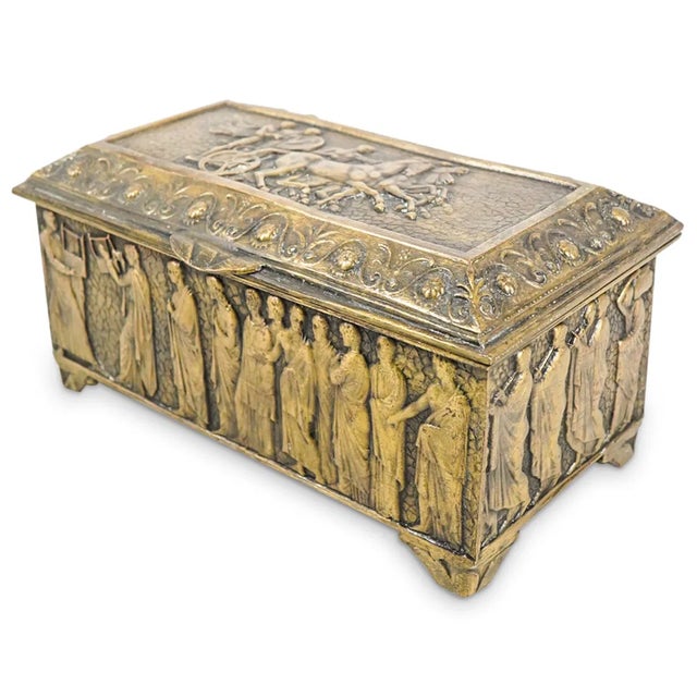 Mediterranean Early 19th Century Antique Greek Revival Brass Jewelry Box, Velvet Lined With Classical Relief Panels For Sale - Image 3 of 6