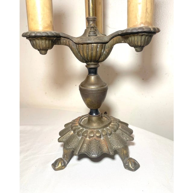 1930s Antique Ornate Art Deco Gold Toned Cast Iron Electric Candelabra Table Lamp For Sale - Image 5 of 9