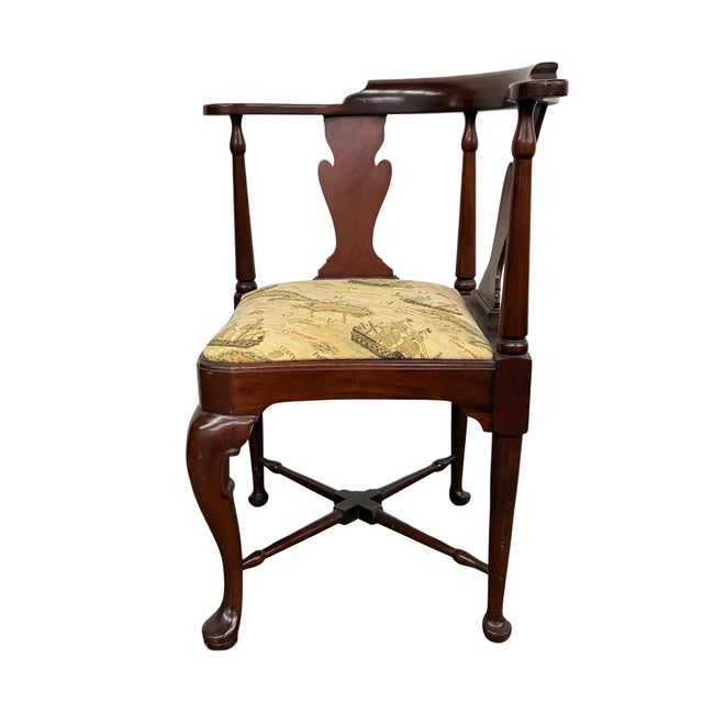 Vintage Queen Anne Style Corner Chair With Nautical Map & Sailing Ship Upholstery For Sale In Charlotte - Image 6 of 12