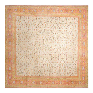 Pretty Yellow Color and Pink Border Doubled Palmettes Floral Design Antique Indian Agra Rug