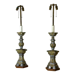 Pair of Antique Pewter Temple Candle Holder Lamps