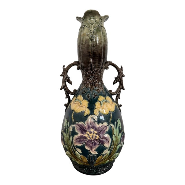 Early 20th Century Art Nouveau Sculpted Floral Majolica Vase For Sale