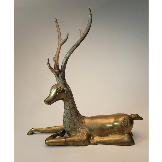 Extra large solid brass deer stag sculpture with antlers in the style of Sarreid. Beautiful details and textured areas...
