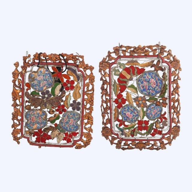 Copper Pr Antique Chinese Floral Carved Hardwood, Enameled Copper, Silk & Mica Screens For Sale - Image 8 of 8