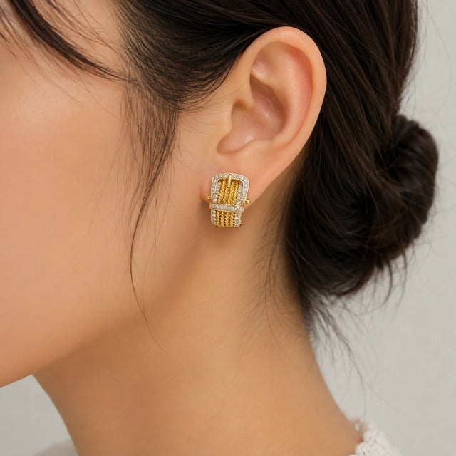 French 14K Two Tone Gold Estate Diamond Buckle French Clip Earrings For Sale - Image 3 of 3