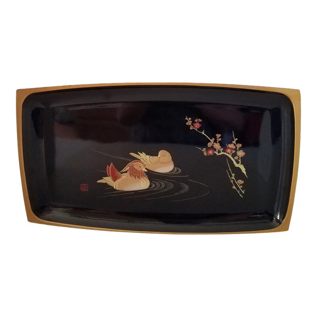 1980s Japanese Satsuma Black Lacquer Plastic Serving Tray For Sale